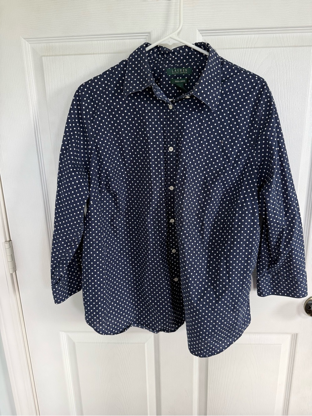 Lauren Ralph Lauren 1X Navy Polka Dot Button Down Coastal Preppy Cotton Shirt